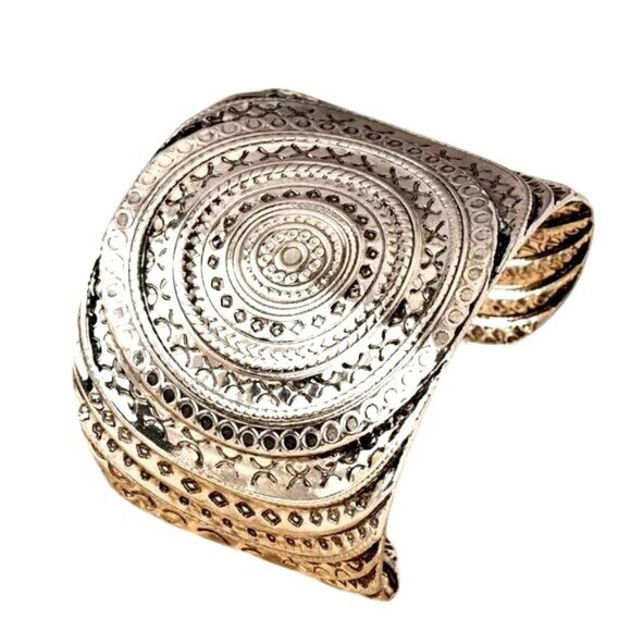 Aztec Inspired Silver Cuff Adjustable Boho Western Theme Substantial Size - Picture 1 of 3